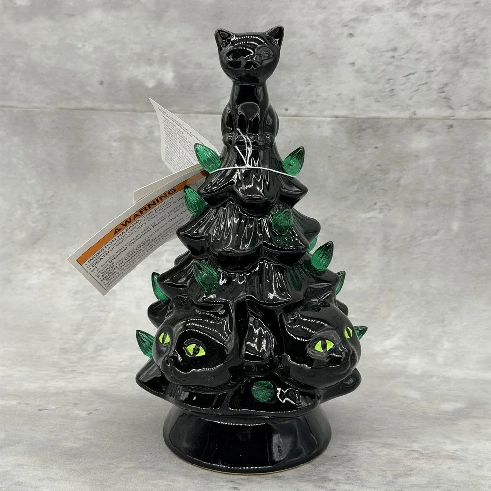 Black Cat Christmas Halloween Tree Ceramic LED Lighted Horror Decor NEW